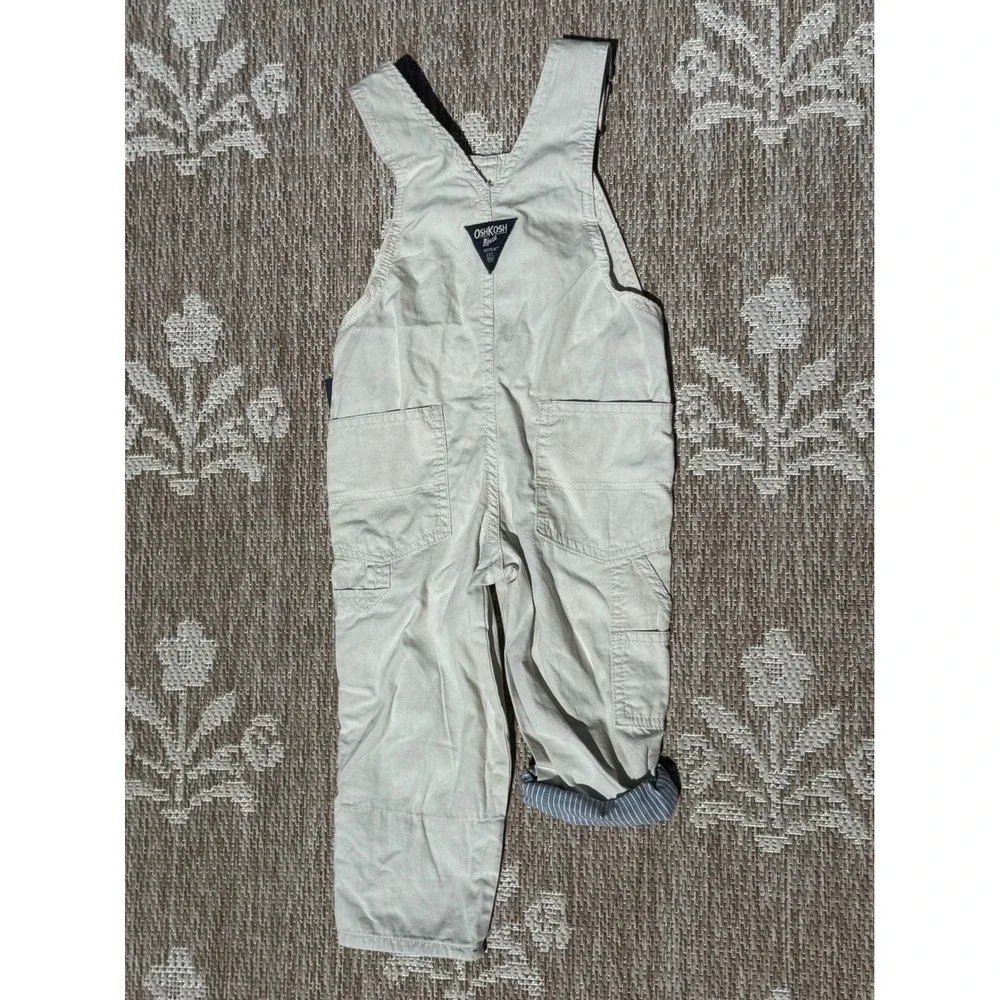 OshKosh B'gosh Toddler Boys Khaki Canvas Overalls Hickory Stripe Lined 2T NWT